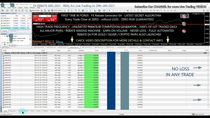 REBATE SCALPING ROBOT | IB COMMISSION EA | 26th JAN 2021 | FX REBATE ROBOT | BREAKEVEN ZERO LOSS EA