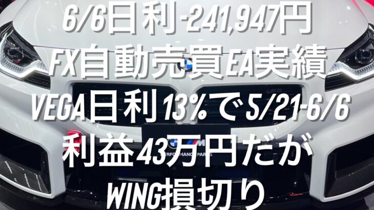 6/6日利-241,947円 FX自動売買EA実績 Vega日利13%で5/21-6/6利益43万円だがWING損切り #ゴールド #相場環境認識 #おさーんのトレード記